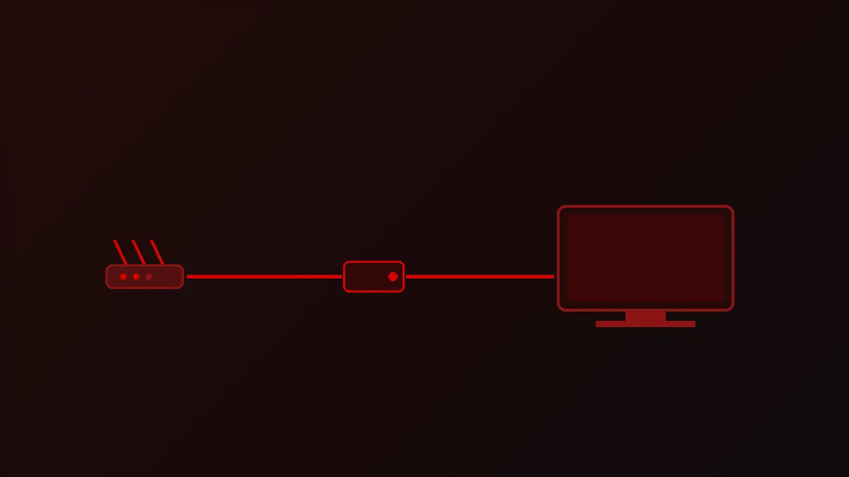 Simple line drawing of a router, a box and a television connected in sequence: a formuler iptv box in the chain