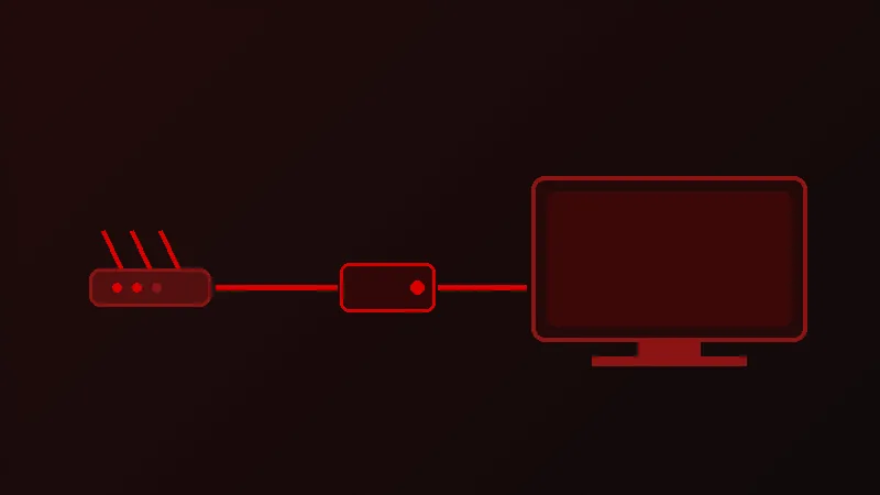 Dessin simple d'un routeur, d'un boîtier et d'un téléviseur reliés l'un à l'autre: le chemin du signal